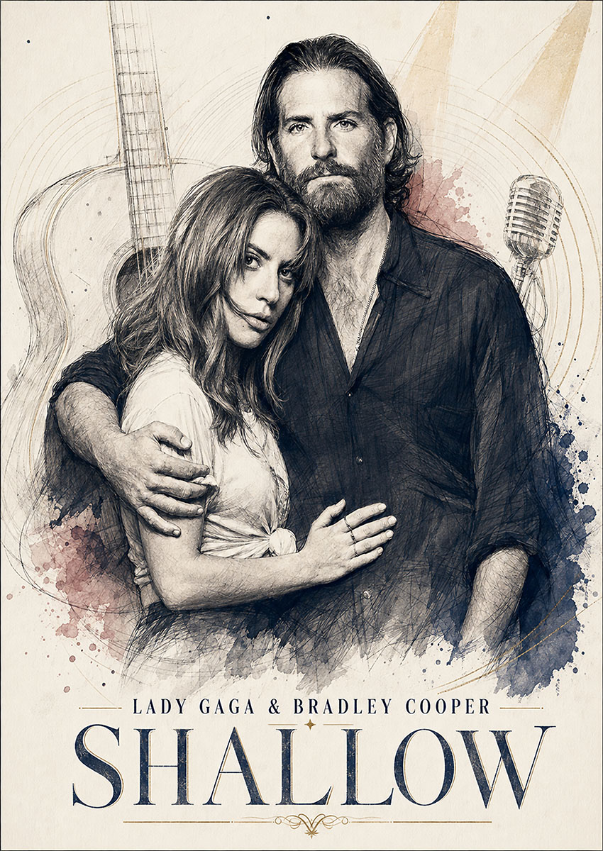 Detailed sketch style artwork of Lady Gaga and Bradley Cooper with an acoustic guitar and microphone